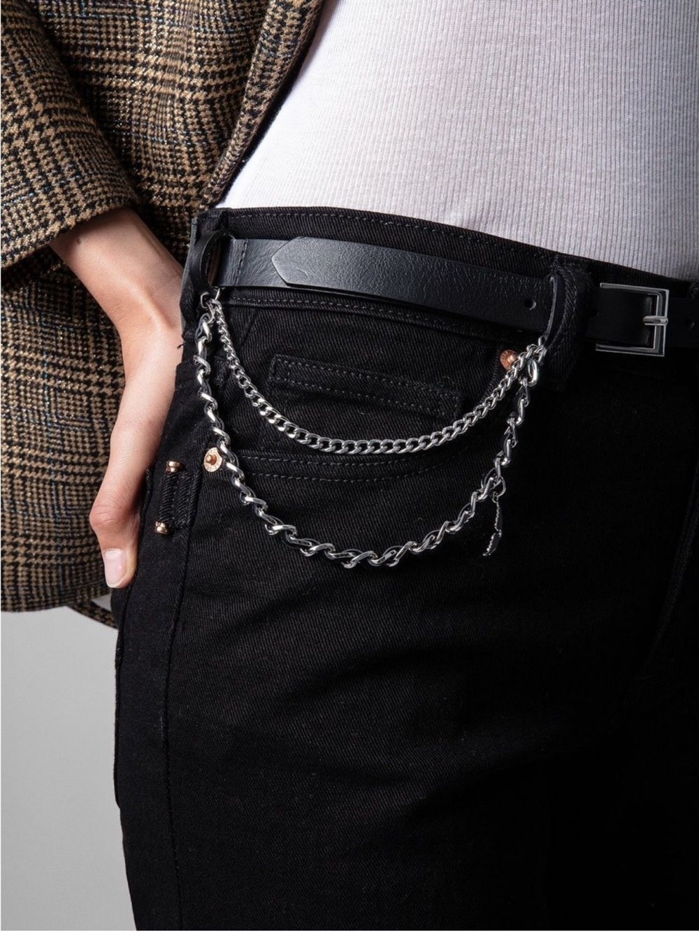 ✅ NWT Zadig & Voltaire Rock Chain Belt Leather charm Belt silver black sz 1 / 80
